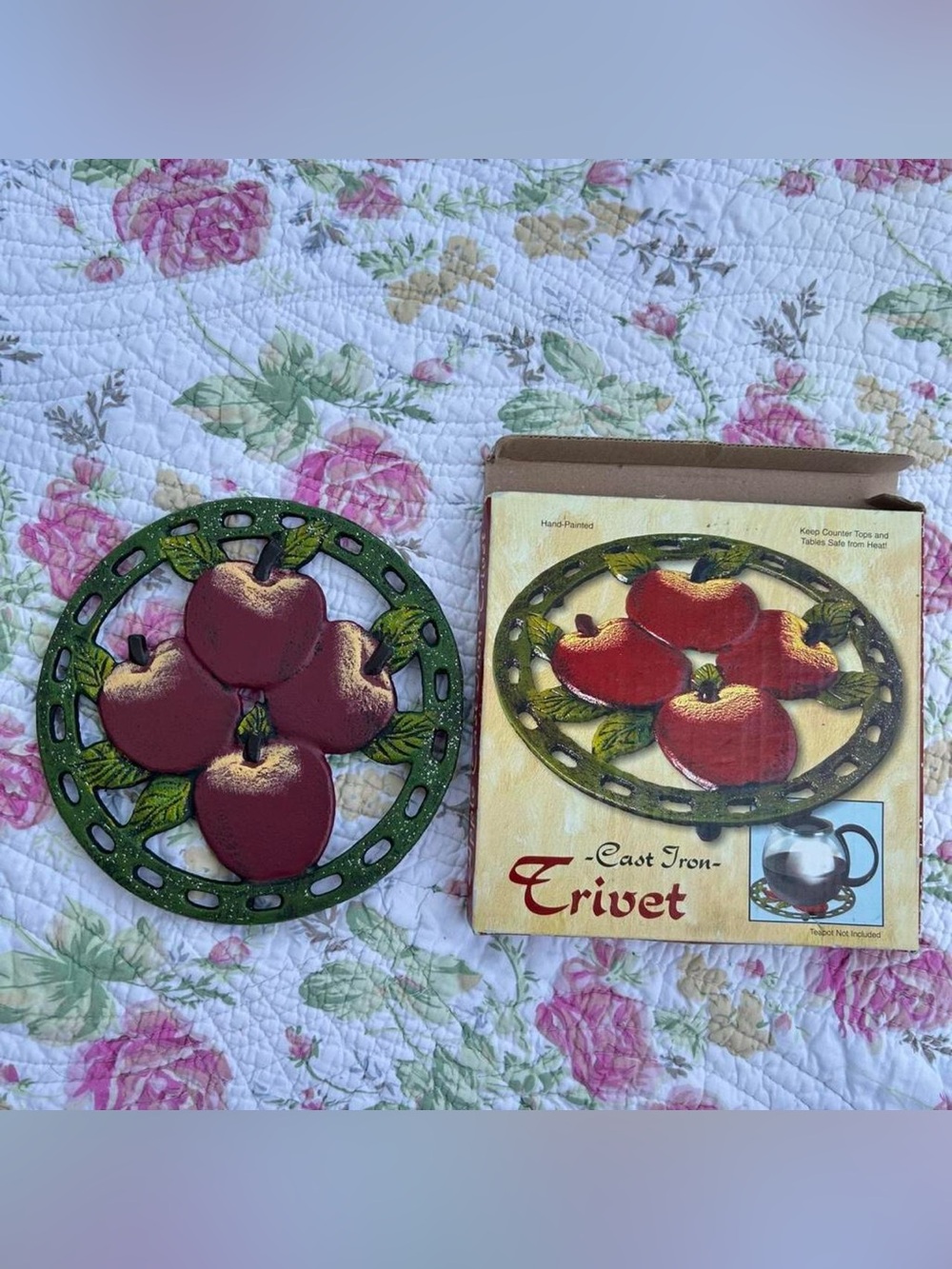 Vintage Cottagecore Farmhouse Red + Green Cast Iron Painted Apple Trivet